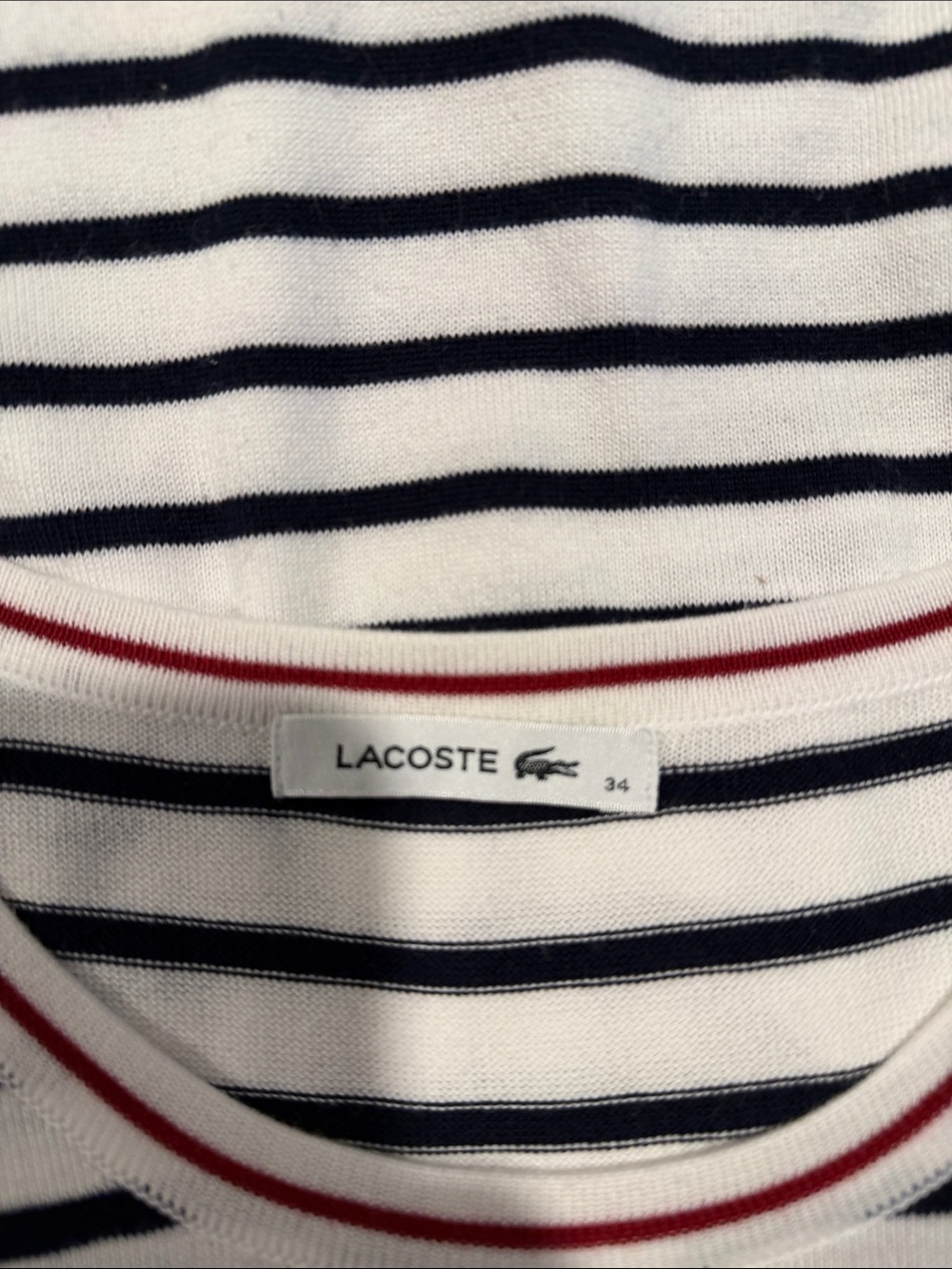 Lacoste White dress with Navy Stripes & Red Neck Trim